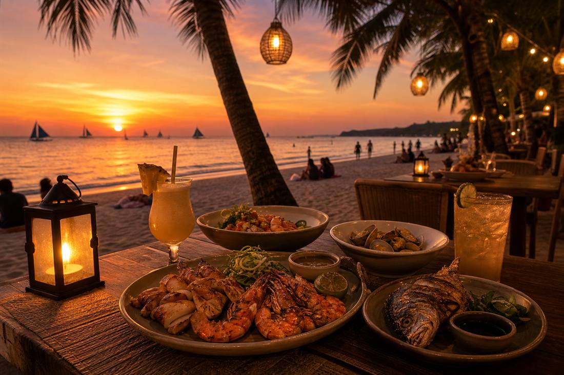 Beach dining setup with seafood near the sand in Boracay