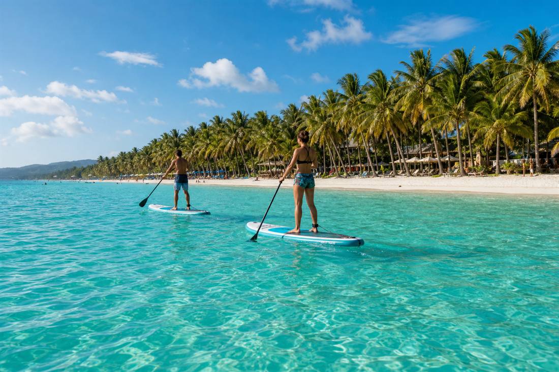 Paddleboarding on calm turquoise water in Boracay