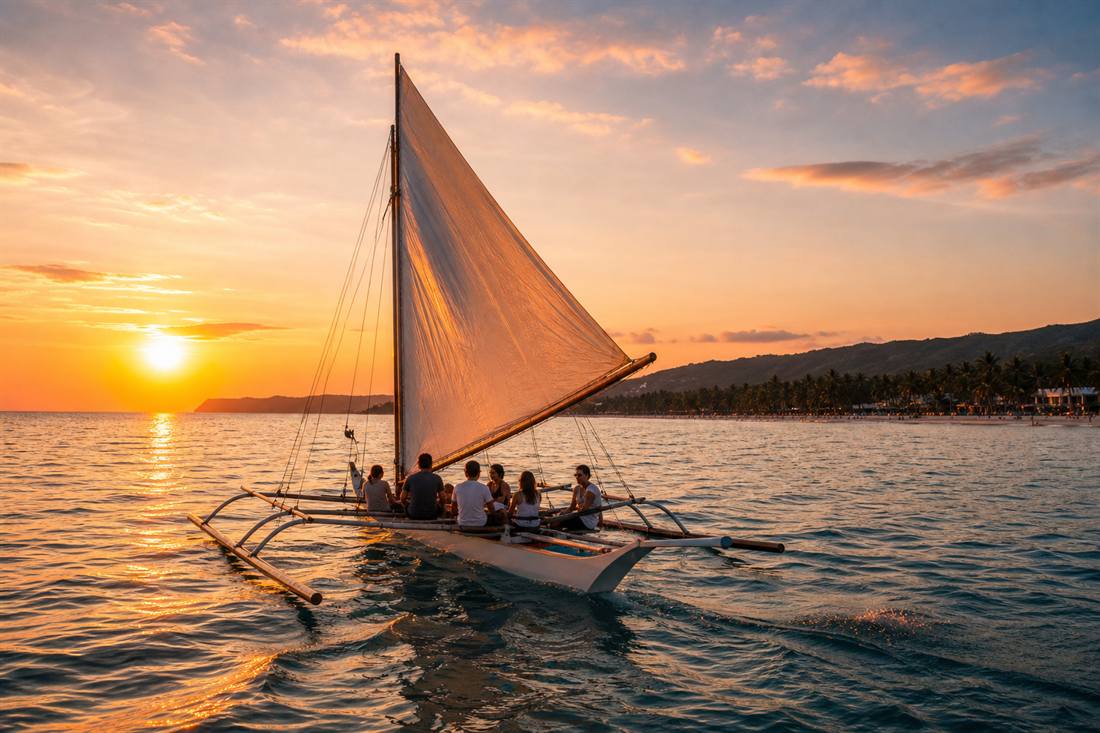 Paraw sailboat tour off Boracay at golden hour